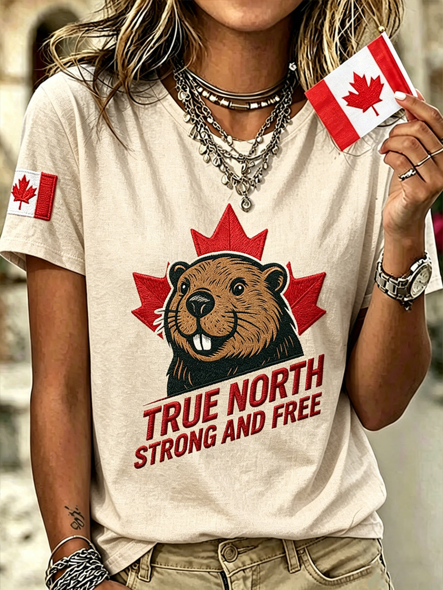 Women's Canada Beaver Printed Vintage Fashion Loose Short Sleeve T-Shirt