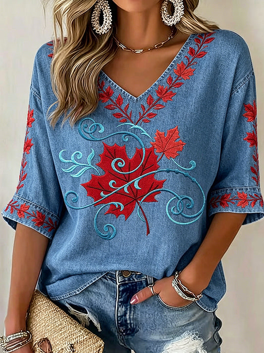 Women's V-neck Mid-Sleeve Maple Leaf Art Printed Casual T-shirt