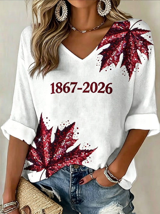 Women's V-neck Mid-Sleeve Canada Maple Leaf Art Printed Casual T-shirt