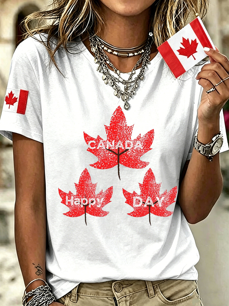 Women's Canada Day Printed Vintage Fashion Loose Short Sleeve T-Shirt
