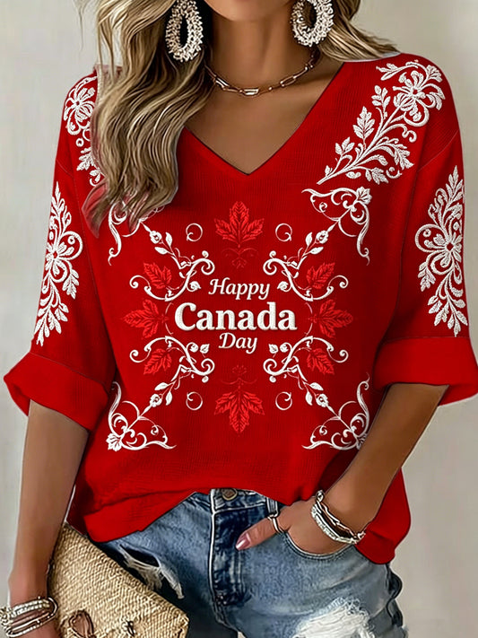 Women's V-neck Mid-Sleeve Canada Day Printed Casual T-shirt