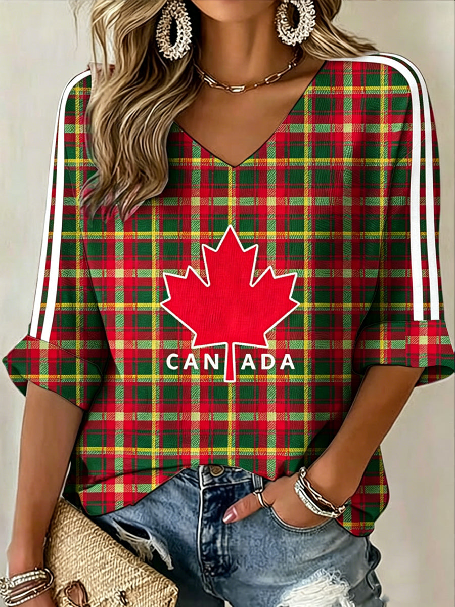 Women's V-neck Mid-Sleeve Canada Day Printed Casual T-shirt