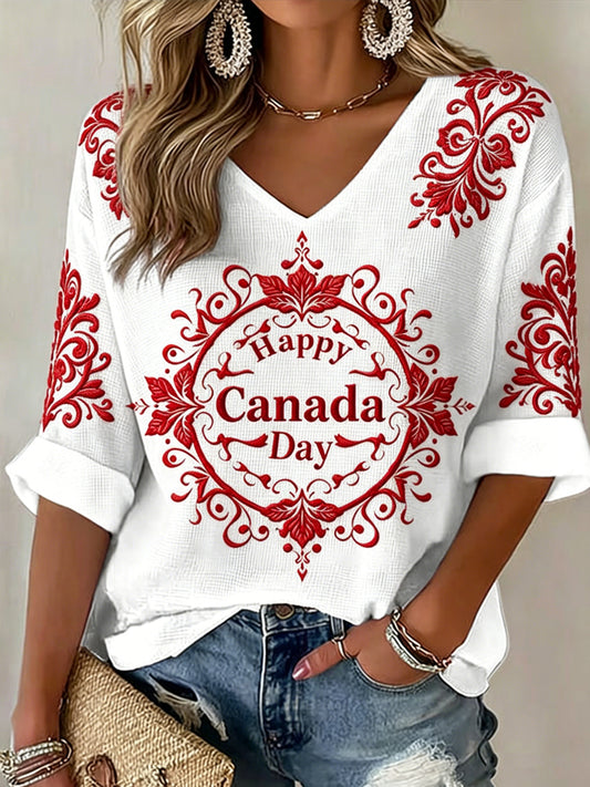 Women's V-neck Mid-Sleeve Canada Day Printed Casual T-shirt