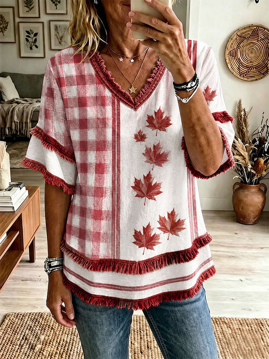 Women's Maple Leaf Print Casual T-Shirt