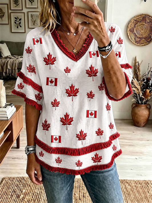 Women's Maple Leaf Print Casual T-Shirt