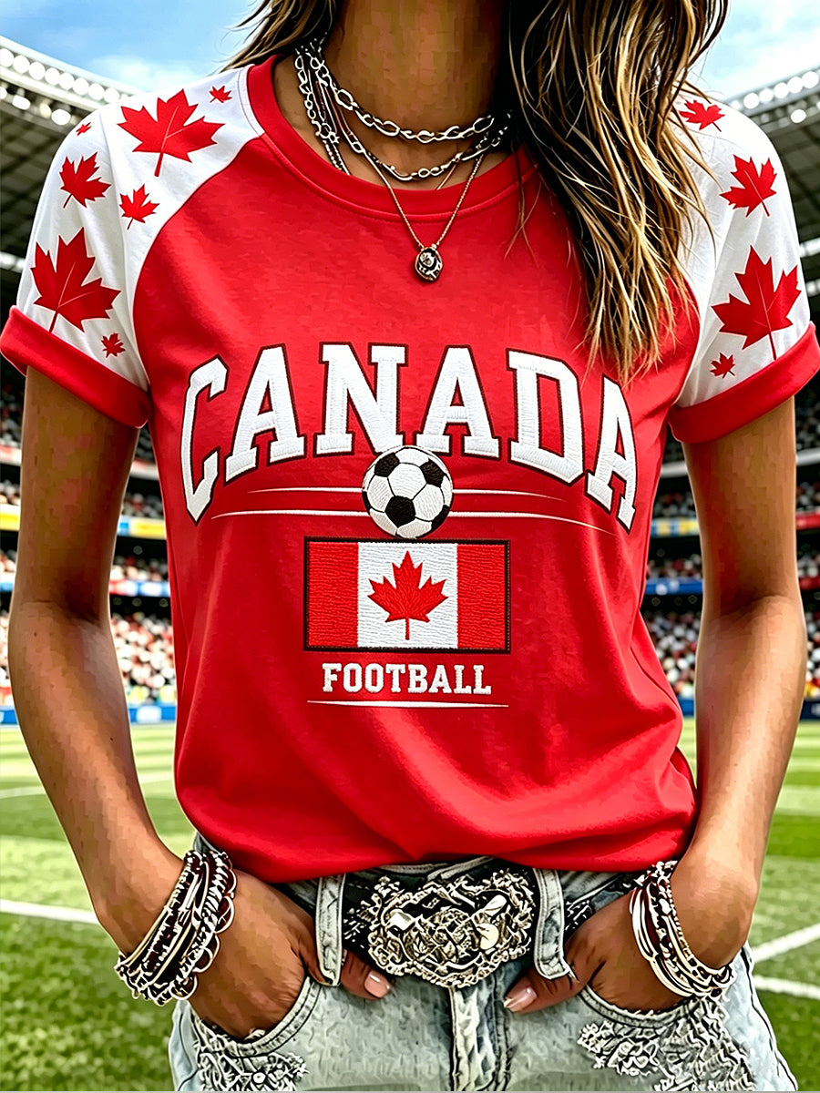 Women's Canada Soccer Printed Vintage Fashion Loose Short Sleeve T-Shirt