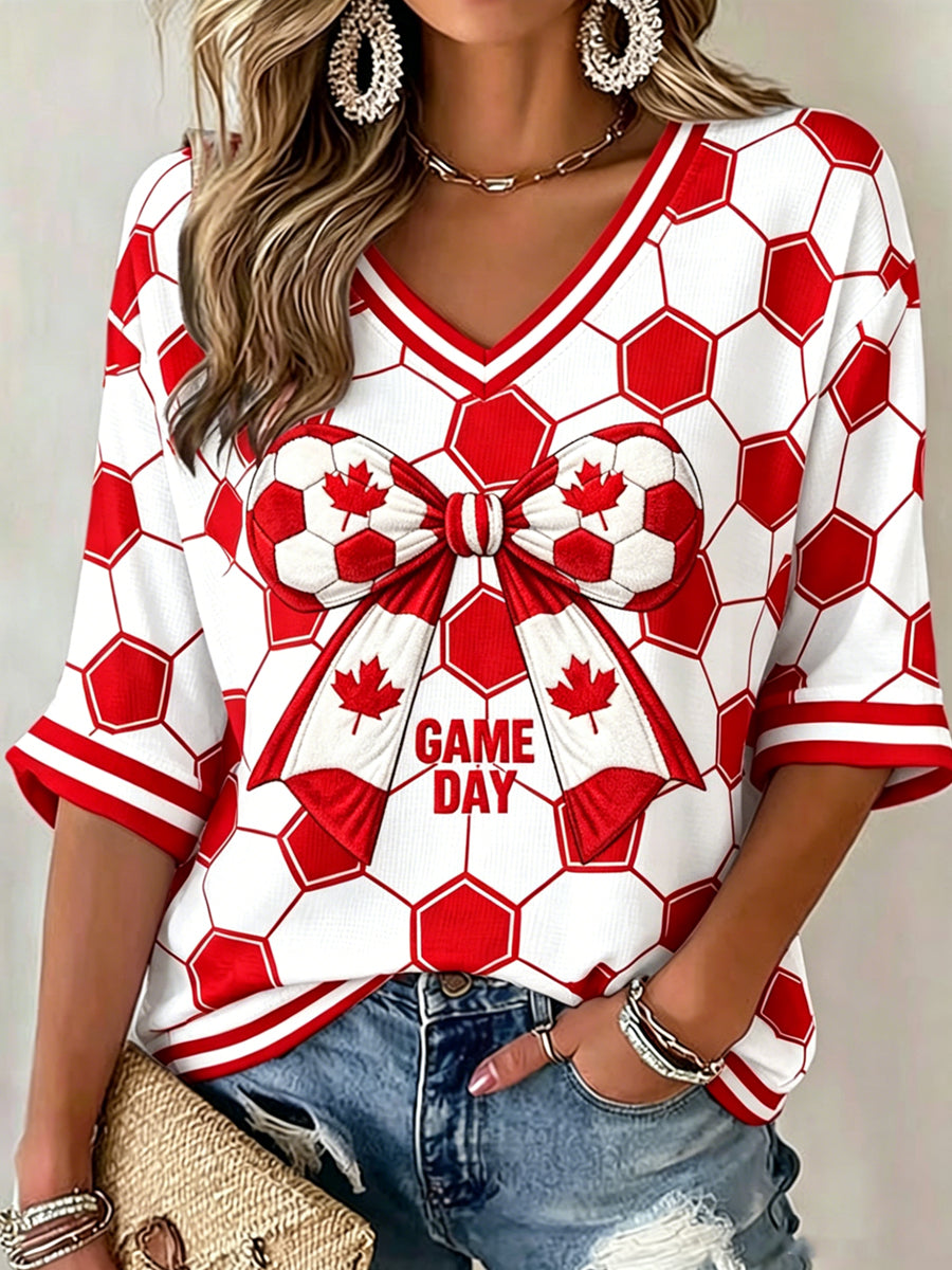 Women's V-neck Mid-Sleeve Canada Soccer Printed Casual T-shirt