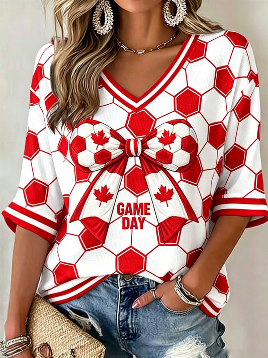 Women's V-neck Mid-Sleeve Canada Soccer Printed Casual T-shirt