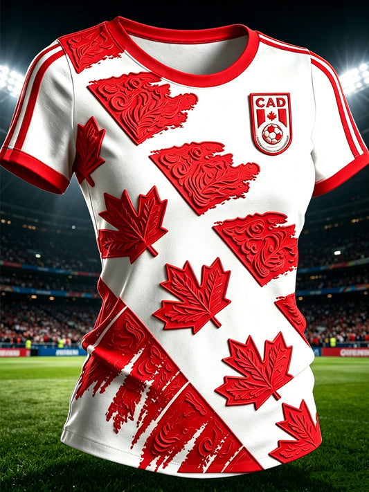 Women's Canada Soccer Printed Vintage Fashion Loose Short Sleeve T-Shirt