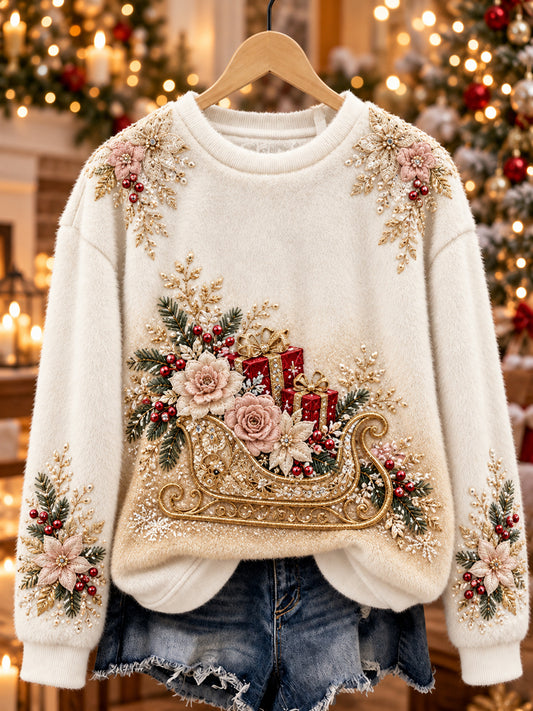 Women's Retro Floral Christmas Gift Flannel Crewneck Sweatshirt