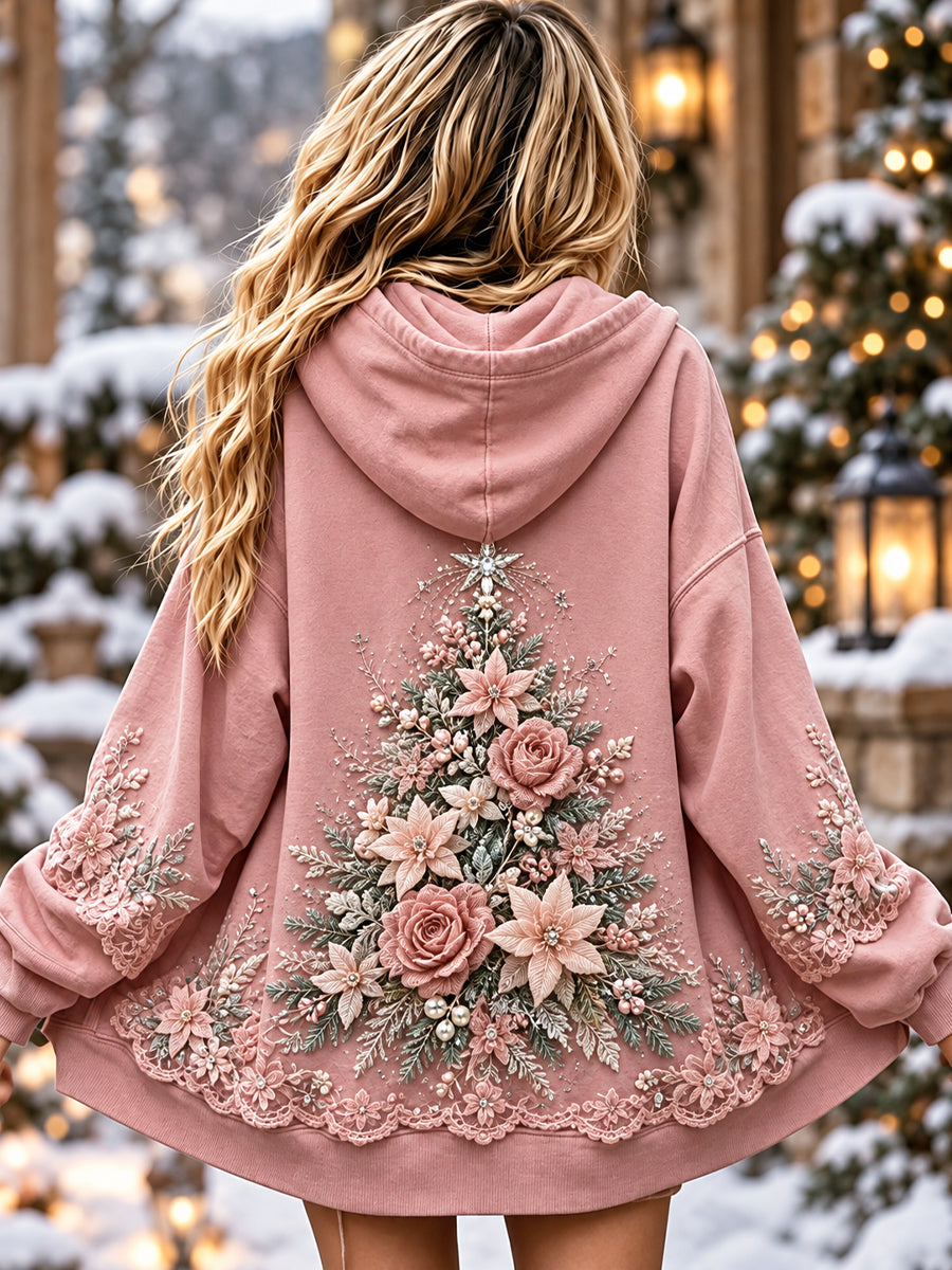 Women's Retro Floral Christmas Tree Hooded Jacket