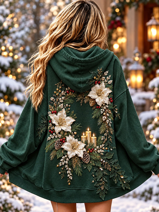 Women's Retro Floral Christmas Berry Hooded Jacket
