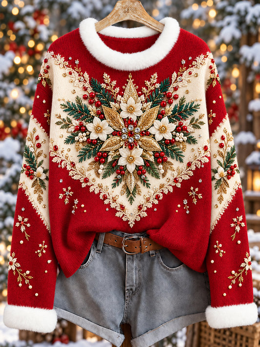 Women's Retro Floral Christmas-Themed Patchwork Sweatshirt