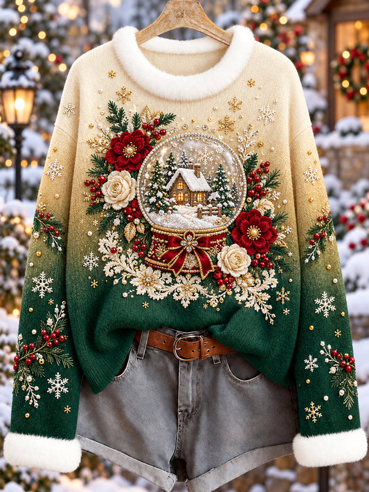 Women's Retro Floral Christmas Snow Globe Pullover