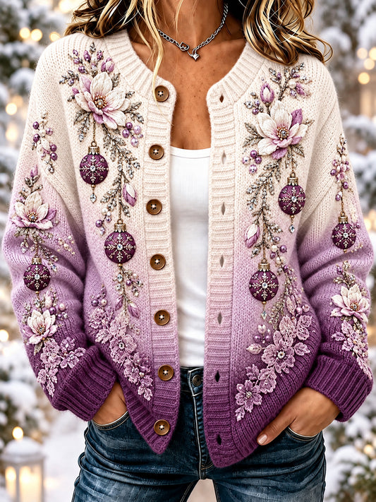 Women's Vintage Floral Christmas Ball Gradient Cardigan