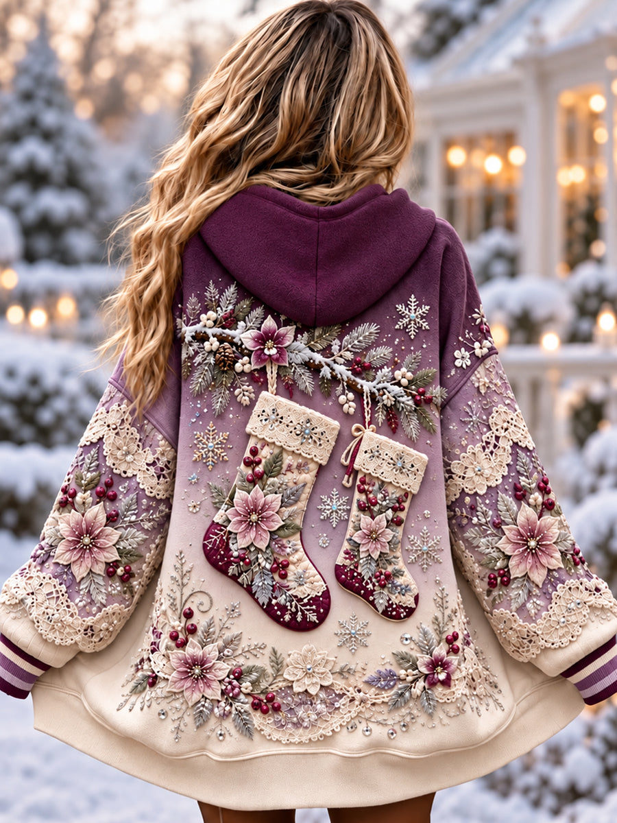 Women's Retro Floral Christmas Stocking Gradient Hooded Jacket