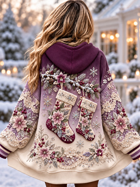Women's Retro Floral Christmas Stocking Gradient Hooded Jacket