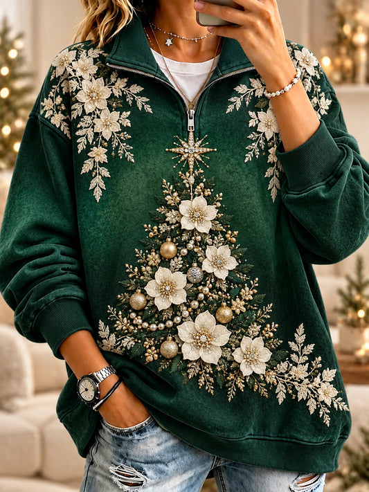 Women's Vintage Christmas Floral Zip-Up Sweatshirt