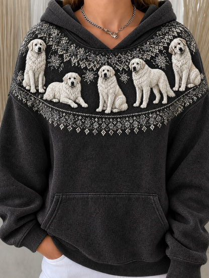 Women's Vintage Great Pyrenees Dogs Yoke Isle Pattern Print Cozy Hoodie