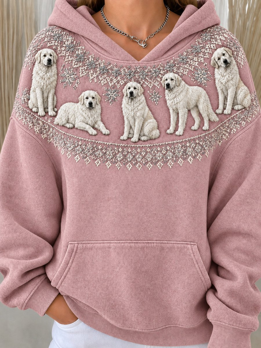 Women's Vintage Great Pyrenees Dogs Yoke Isle Pattern Print Cozy Hoodie