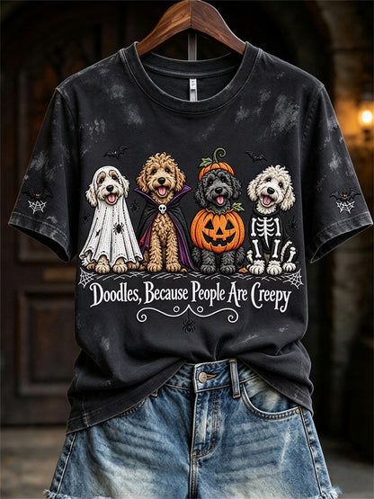 Women's Doodles Because People Are Creepy Halloween Dogs Print short-sleeved T-shirt