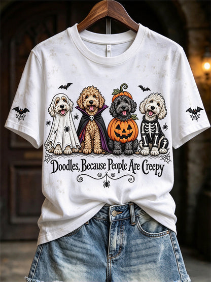 Women's Doodles Because People Are Creepy Halloween Dogs Print short-sleeved T-shirt