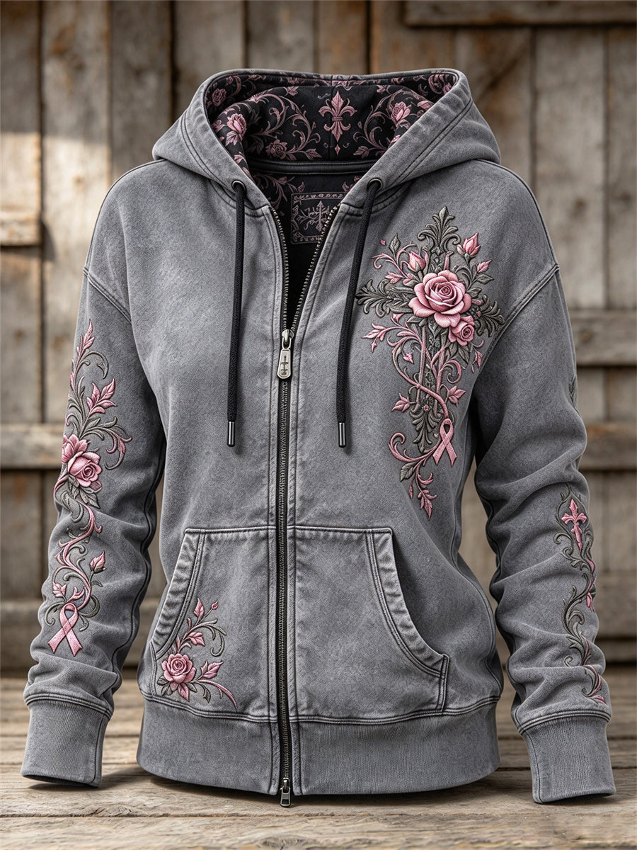Women's Vintage Pink Ribbon Gothic Cross Roses Floral Art Print Full Zip Hoodie
