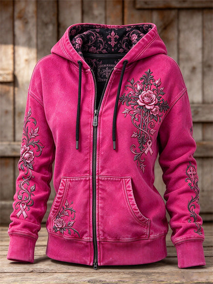Women's Vintage Pink Ribbon Gothic Cross Roses Floral Art Print Full Zip Hoodie