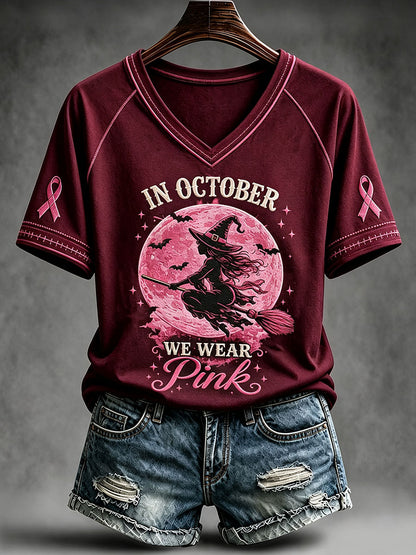 Women's In October We Wear Pink Witch V-neck T-shirt