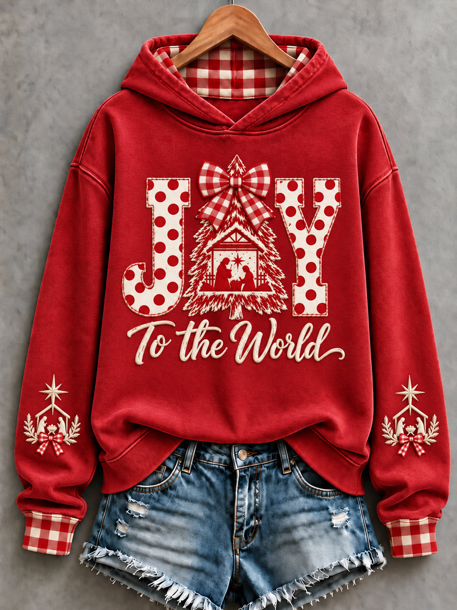 Women's Christian Christmas Joy To The World Art Printed Hoodie
