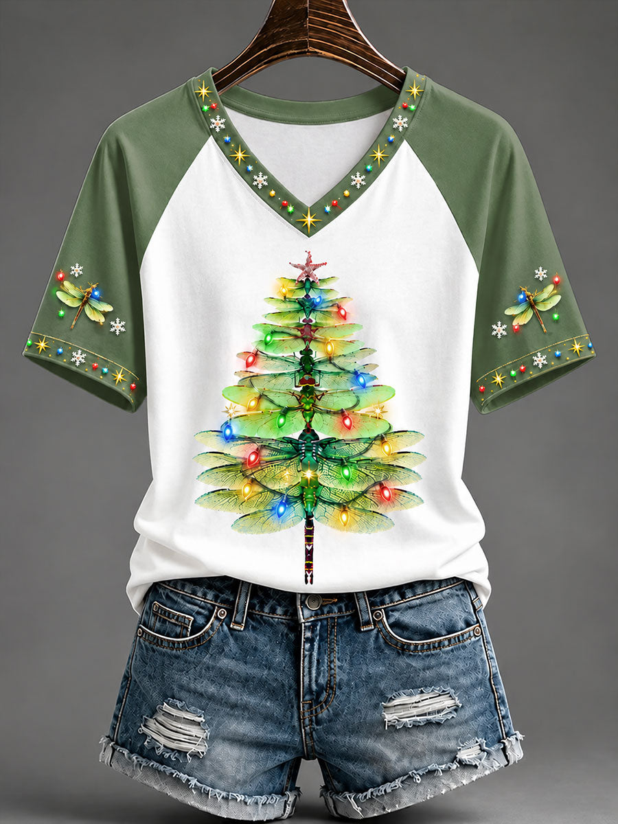 Women's Funny Christmas tree Print V-Neck Off-Shoulder Short-Sleeved T-Shirt