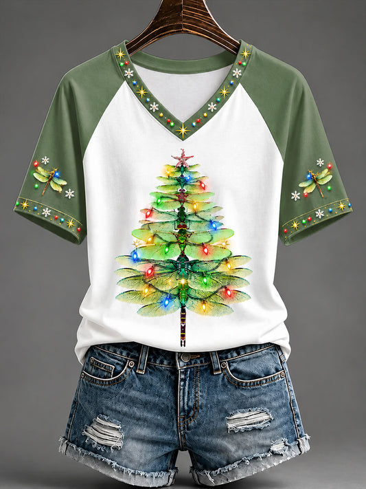 Women's Funny Christmas tree Print V-Neck Off-Shoulder Short-Sleeved T-Shirt