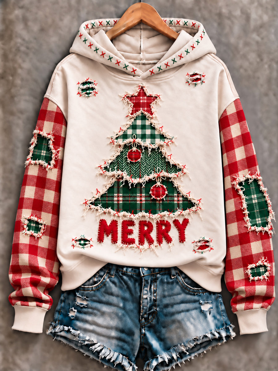 Women's Vintage Christmas Tree Art Printed Hoodie