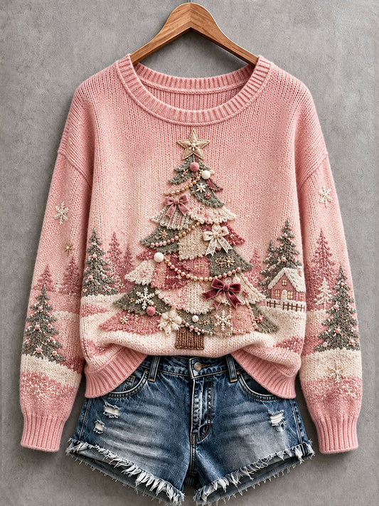 Women’s Pink Christmas Tree Cozy Knit Sweater