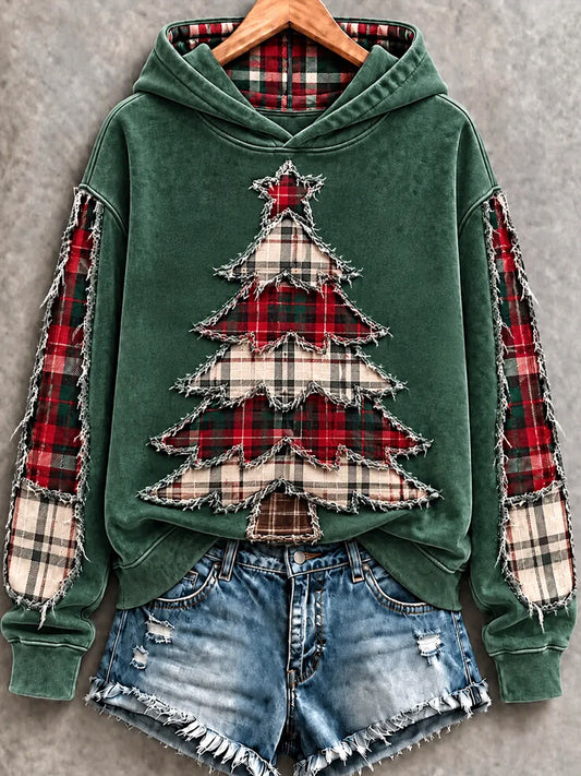 Women's Vintage Christmas Tree Art Printed Hoodie