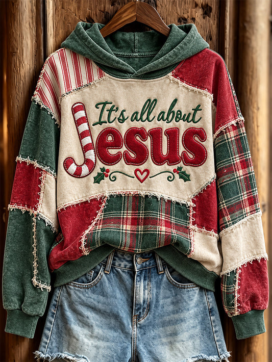 Women's Christmas Color Block Patchwork Design Is All About Jesus Pattern Casual Hoodie