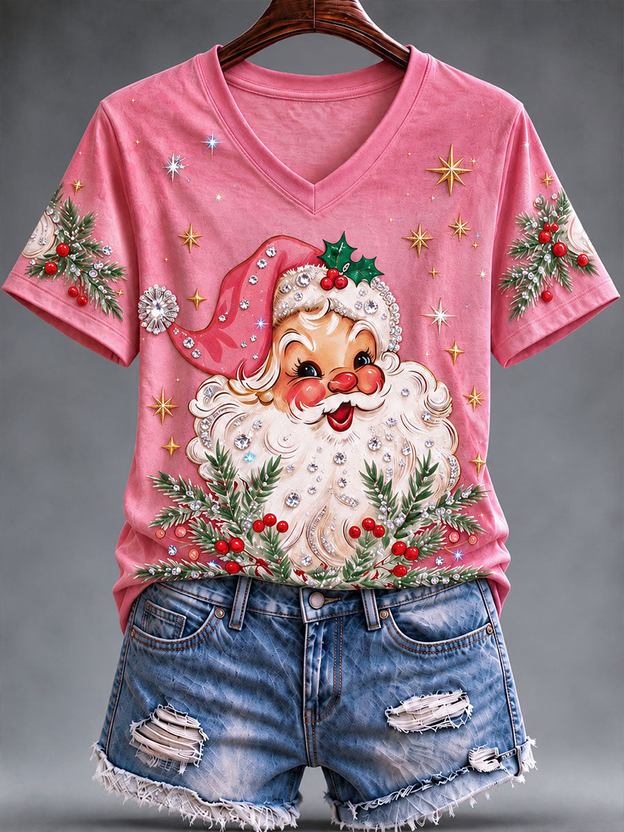 Women's Christmas Pink Santa Claus Short-Sleeved T-Shirt