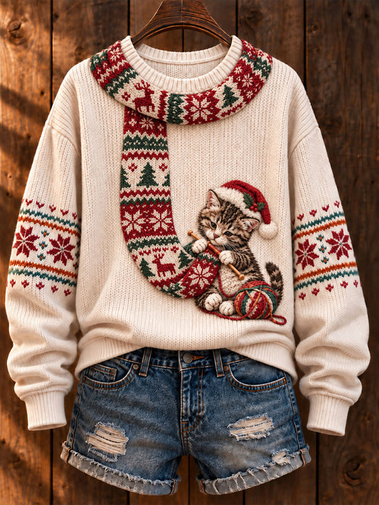 Women's Christmas 'Cat Knitting a Scarf' Printed Casual Sweater
