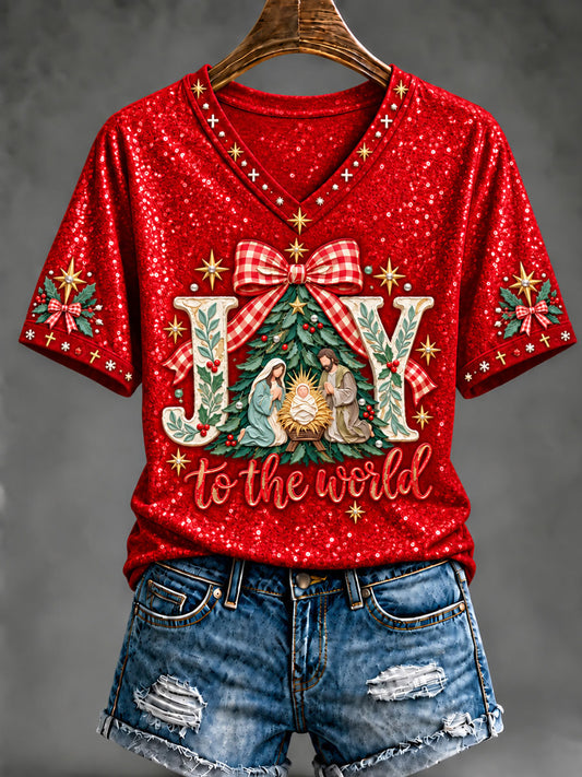 Women's Christian Christmas Joy To The World Art V-neck Short Sleeve T-shirt