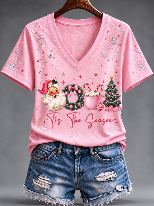 Women's Christmas Pink Santa Claus Short-Sleeved T-Shirt