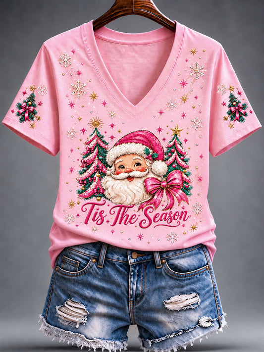 Women's Christmas Pink Santa Claus Short-Sleeved T-Shirt