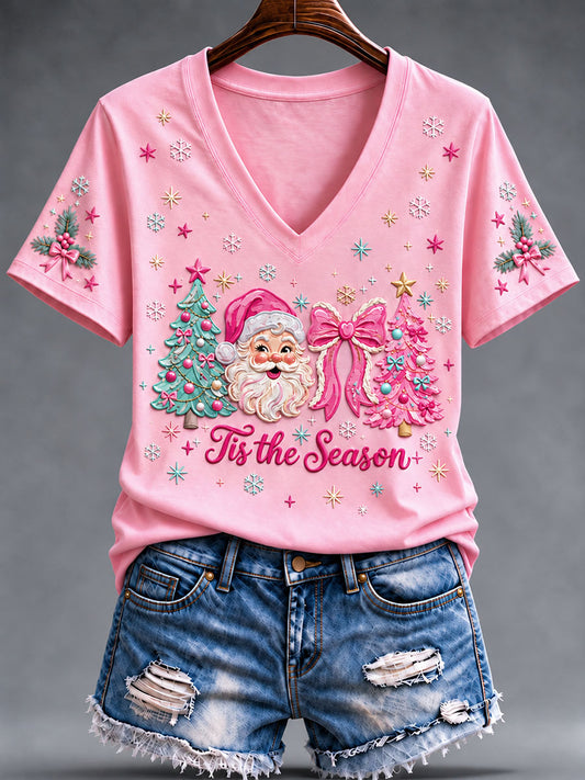 Women's Christmas Pink Santa Claus Short-Sleeved T-Shirt