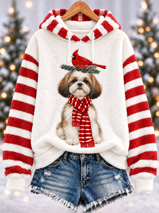 Women's Christmas Cute Funny Shih Tzu Northern Cardinal Stripes Print Casual Flannel Hoodie