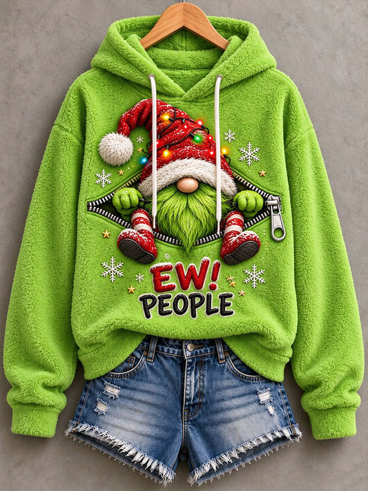 Women's Ew People Gnome Print Flannel Hoodie