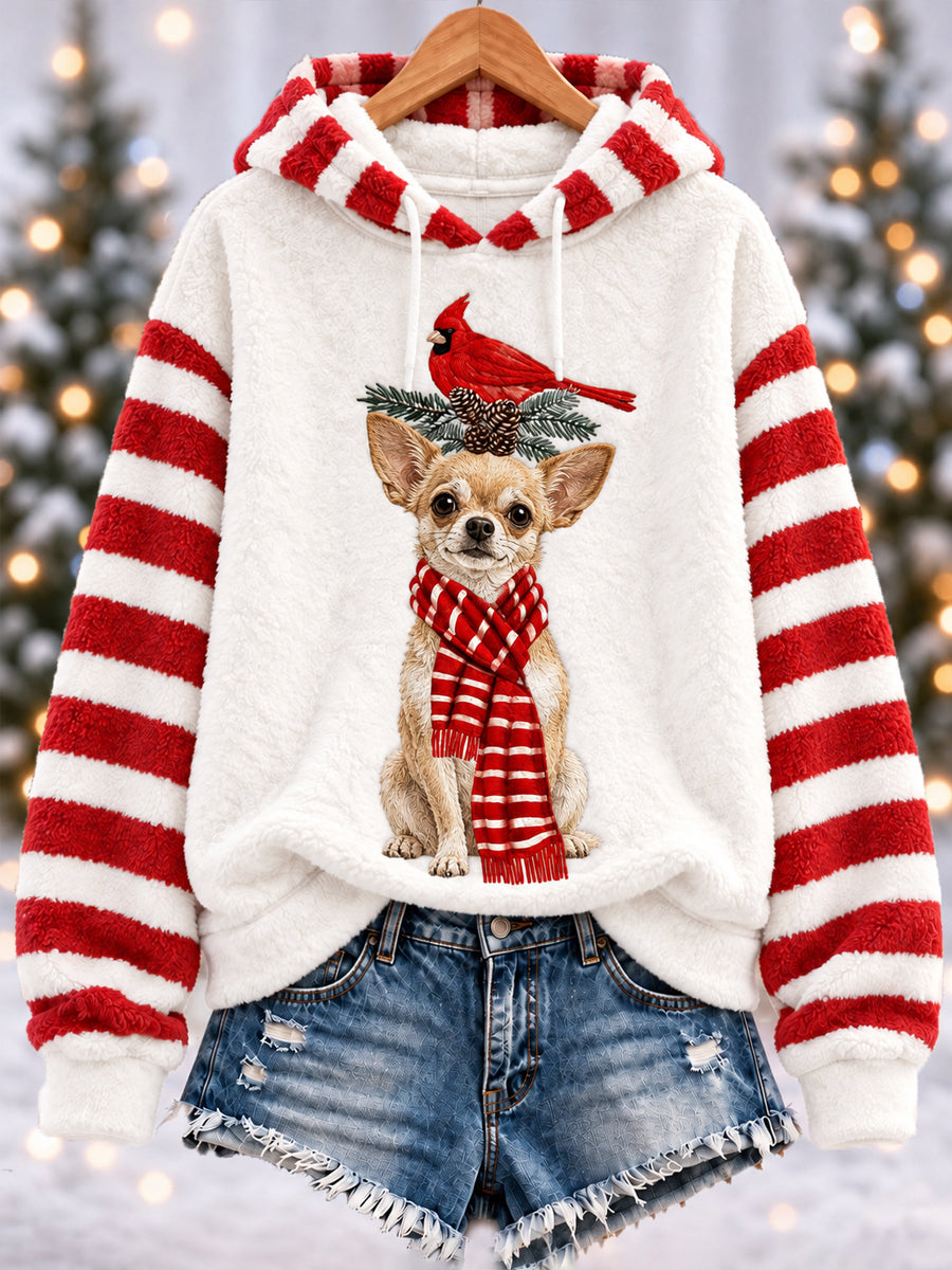 Women's Christmas Cute Funny  Chihuahua Northern Cardinal Stripes Print Casual Flannel Hoodie