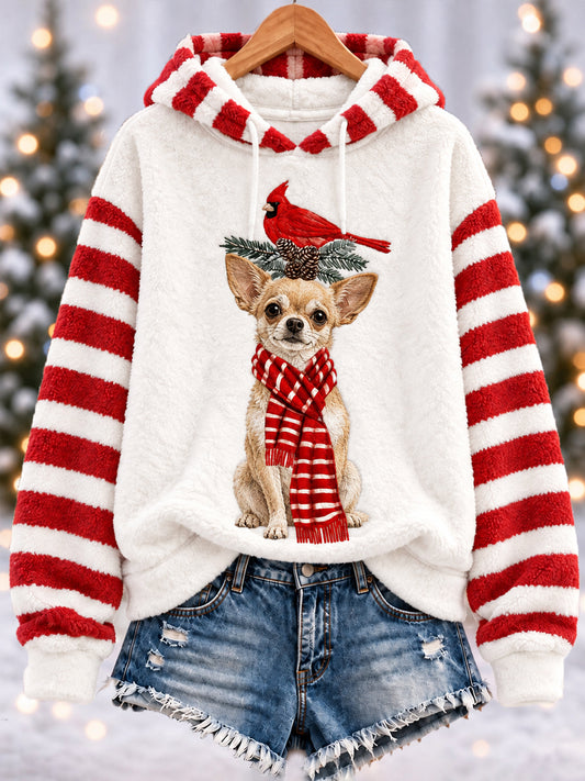 Women's Christmas Cute Funny  Chihuahua Northern Cardinal Stripes Print Casual Flannel Hoodie