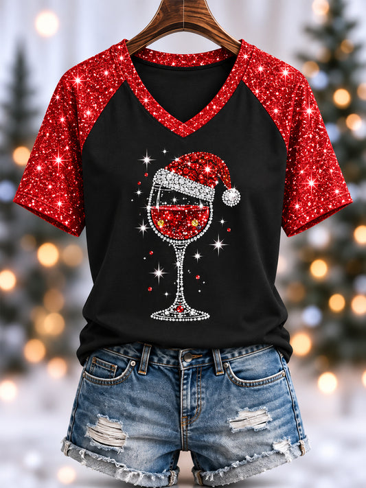 Women's Christmas Red Wine Glas Print Casual V-Neck Tee