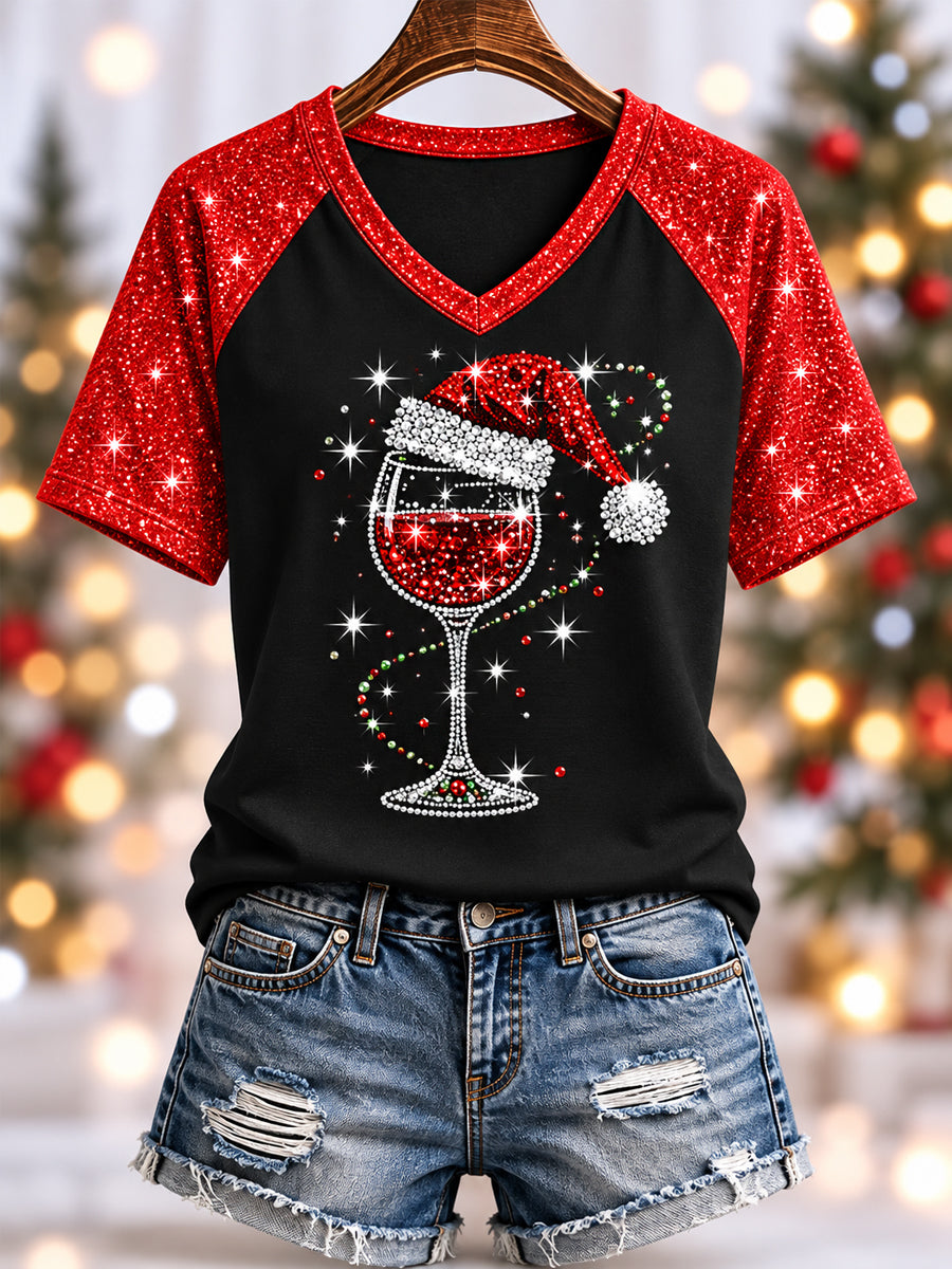 Women's Red Wine Glass Christmas Hat Print Casual V-Neck Tee