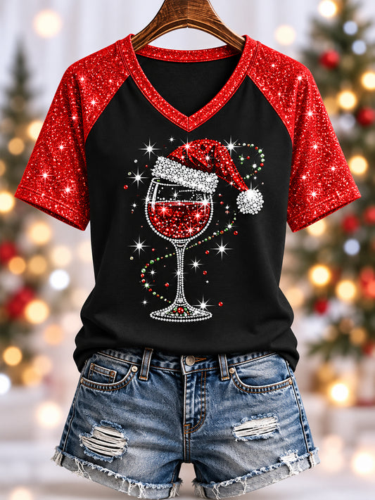 Women's Red Wine Glass Christmas Hat Print Casual V-Neck Tee