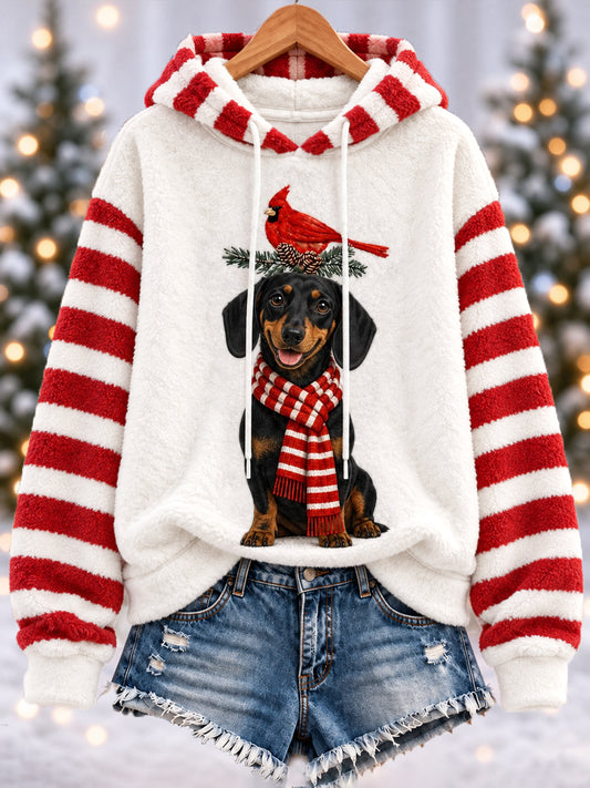 Women's Christmas Cute Funny Dachshund Northern Cardinal Stripes Print Casual Flannel Hoodie